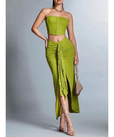 Women's 2 Piece Elegant Sleeveless Crop Bandeau Tube Tank Tops and Pleated Ruffle Hem Bodycon Midi Skirt Sets Green $26.67 Suits