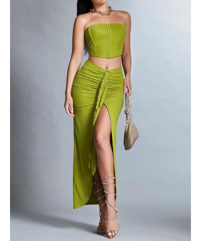 Women's 2 Piece Elegant Sleeveless Crop Bandeau Tube Tank Tops and Pleated Ruffle Hem Bodycon Midi Skirt Sets Green $26.67 Suits