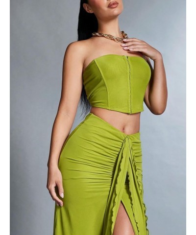 Women's 2 Piece Elegant Sleeveless Crop Bandeau Tube Tank Tops and Pleated Ruffle Hem Bodycon Midi Skirt Sets Green $26.67 Suits