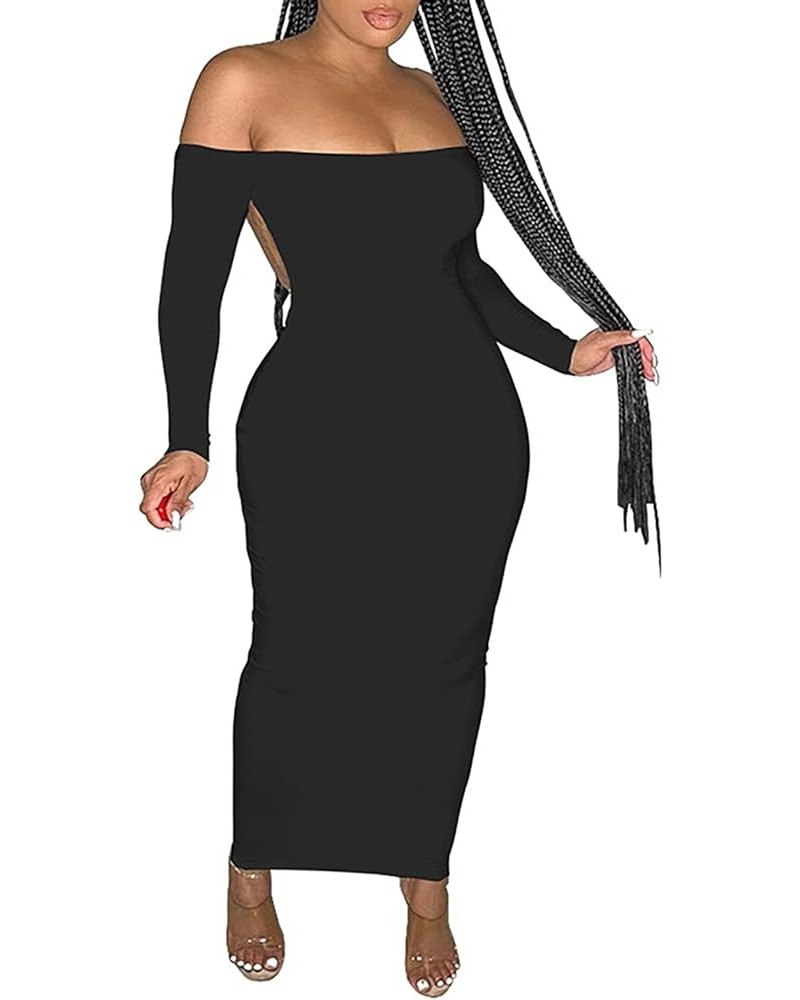 Women's Summer Sexy Off The Shoulder Pullover Long Dress Backless Bodycon Ruched Cocktail Party Maxi Dresses Black $15.84 Dre...