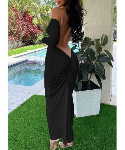 Women's Summer Sexy Off The Shoulder Pullover Long Dress Backless Bodycon Ruched Cocktail Party Maxi Dresses Black $15.84 Dre...