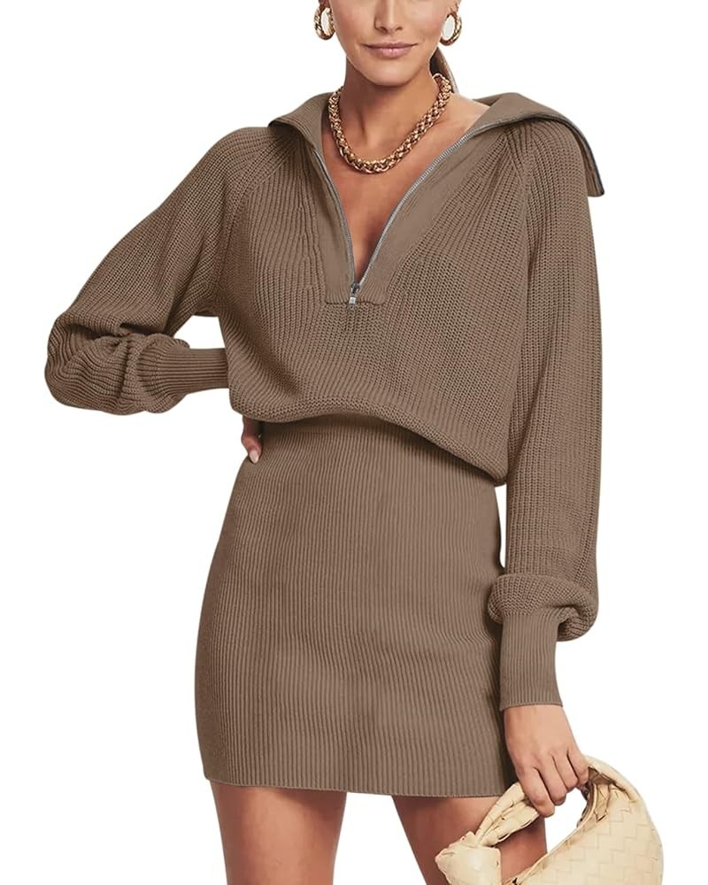 Women's Casual Long Sleeve Bodycon Sweater Dresses Fall Half Zip V Neck Slim Fit Ribbed Knitted Mini Dress Khaki $27.72 Sweaters