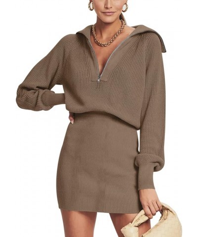 Women's Casual Long Sleeve Bodycon Sweater Dresses Fall Half Zip V Neck Slim Fit Ribbed Knitted Mini Dress Khaki $27.72 Sweaters