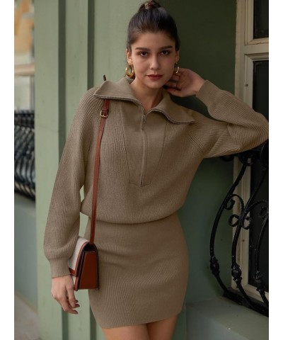 Women's Casual Long Sleeve Bodycon Sweater Dresses Fall Half Zip V Neck Slim Fit Ribbed Knitted Mini Dress Khaki $27.72 Sweaters