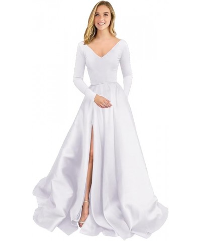 Long Sleeve Velvet Prom Dresses V Neck A-Line Formal Gowns Satin Evening Dress with Pockets White $37.40 Dresses