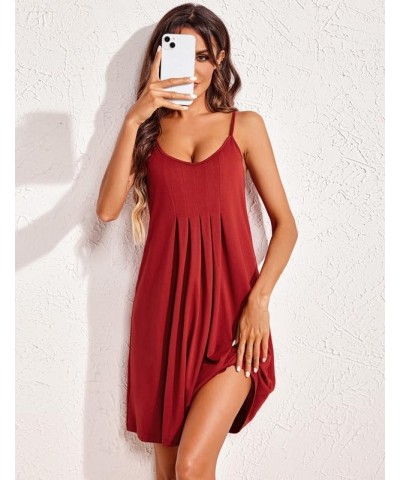 Women Nightgowns Sleeveless O Neck Sleepwear Spaghetti Strap Racerback Pajama Dress Sleep Shirt Nightshirt S-XXL Wine Red $11...