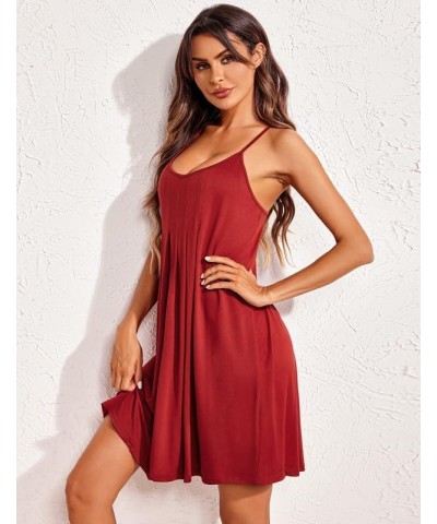 Women Nightgowns Sleeveless O Neck Sleepwear Spaghetti Strap Racerback Pajama Dress Sleep Shirt Nightshirt S-XXL Wine Red $11...