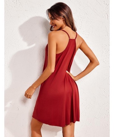 Women Nightgowns Sleeveless O Neck Sleepwear Spaghetti Strap Racerback Pajama Dress Sleep Shirt Nightshirt S-XXL Wine Red $11...