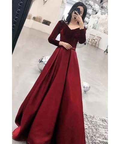 Long Sleeve Velvet Prom Dresses V Neck A-Line Formal Gowns Satin Evening Dress with Pockets White $37.40 Dresses