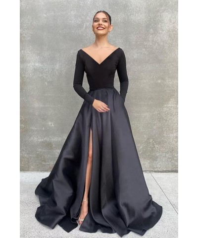 Long Sleeve Velvet Prom Dresses V Neck A-Line Formal Gowns Satin Evening Dress with Pockets White $37.40 Dresses