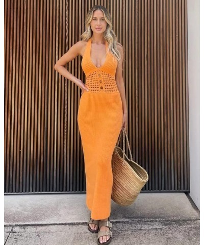 Women Tight Maxi Dress Classic Solid Color Square Neck Spaghetti Strap Sleeveless Stretchy String Dress Aa Halter Knit Orange...