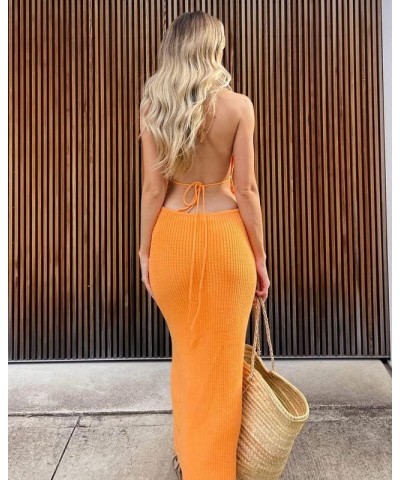 Women Tight Maxi Dress Classic Solid Color Square Neck Spaghetti Strap Sleeveless Stretchy String Dress Aa Halter Knit Orange...