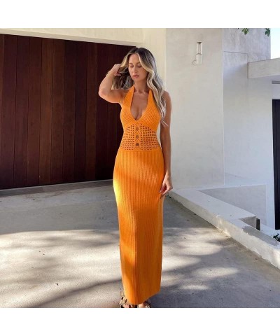 Women Tight Maxi Dress Classic Solid Color Square Neck Spaghetti Strap Sleeveless Stretchy String Dress Aa Halter Knit Orange...