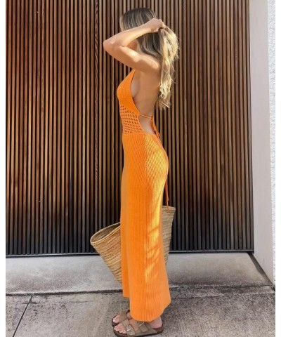 Women Tight Maxi Dress Classic Solid Color Square Neck Spaghetti Strap Sleeveless Stretchy String Dress Aa Halter Knit Orange...