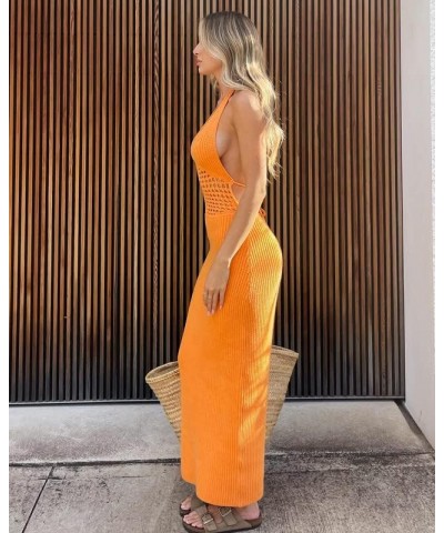 Women Tight Maxi Dress Classic Solid Color Square Neck Spaghetti Strap Sleeveless Stretchy String Dress Aa Halter Knit Orange...