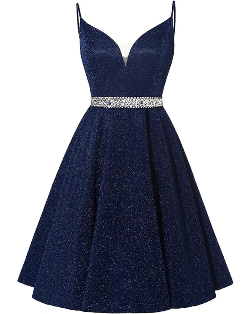 Satin Short Prom Dresses Spaghetti Straps Homecoming Dresses V-Neck Beaded Evening Formal Party Gowns Navy Blue - Glittery Cl...