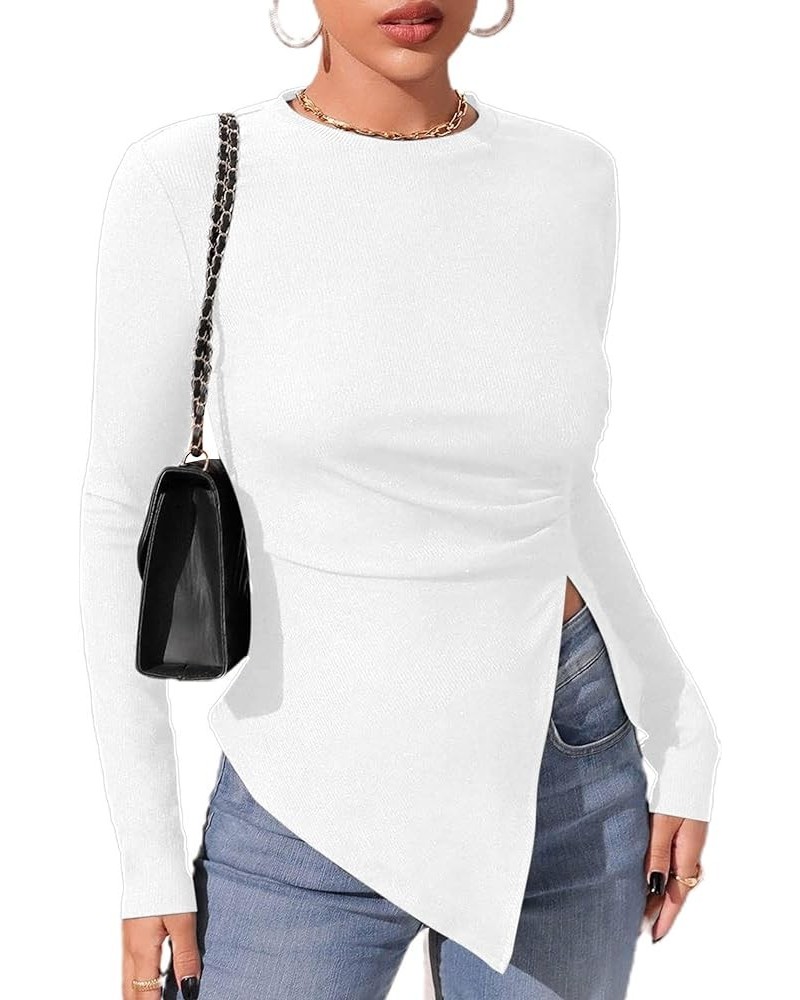 Women's Asymmetrical Split Hem T Shirt Long Sleeve Rib Knit Ruched Side Tee Tops White $7.64 T-Shirts