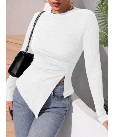 Women's Asymmetrical Split Hem T Shirt Long Sleeve Rib Knit Ruched Side Tee Tops White $7.64 T-Shirts