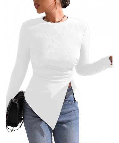 Women's Asymmetrical Split Hem T Shirt Long Sleeve Rib Knit Ruched Side Tee Tops White $7.64 T-Shirts