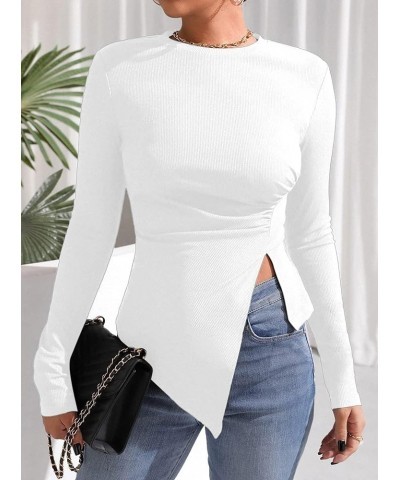 Women's Asymmetrical Split Hem T Shirt Long Sleeve Rib Knit Ruched Side Tee Tops White $7.64 T-Shirts