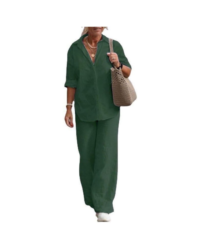 Womens Two Piece Outfits Cotton Linen Long Sleeve Button Down Shirts Elastic Waist Wide Leg Pants Casual Sets Dark Green $15....