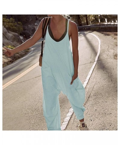 Women's Casual V Neck Sleeveless Jumpsuits Baggy Straps Harem Long Pants Overalls With Pockets Blue Green $11.27 Overalls