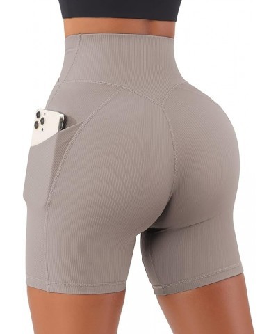 Women Cross Waist Workout Shorts with Pockets 4" Ribbed Seamless High Waisted Yoga Biker Shorts 5 Inseam-No Ruched Butt Khaki...