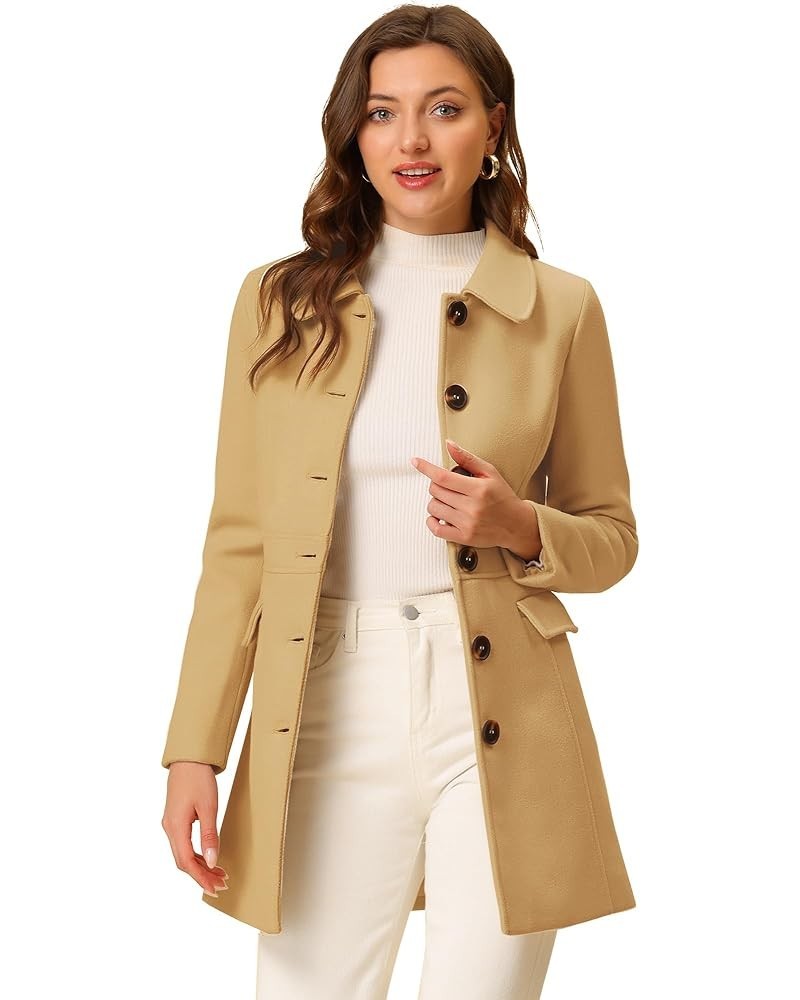 Women's Overcoat Peter Pan Collar Flap Pocket Single Breasted Buttoned Long Coat Khaki $34.65 Coats