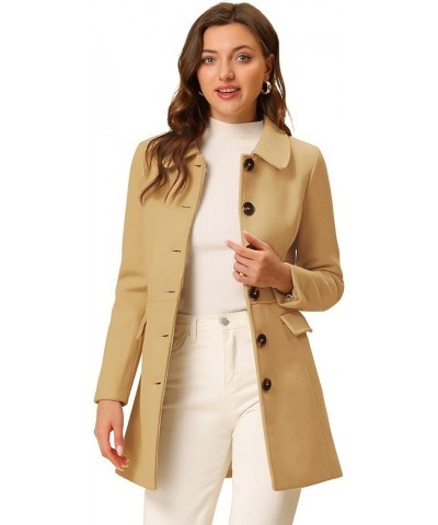 Women's Overcoat Peter Pan Collar Flap Pocket Single Breasted Buttoned Long Coat Khaki $34.65 Coats