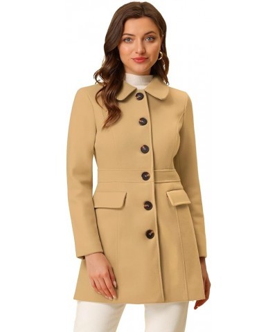 Women's Overcoat Peter Pan Collar Flap Pocket Single Breasted Buttoned Long Coat Khaki $34.65 Coats