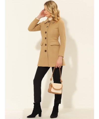 Women's Overcoat Peter Pan Collar Flap Pocket Single Breasted Buttoned Long Coat Khaki $34.65 Coats