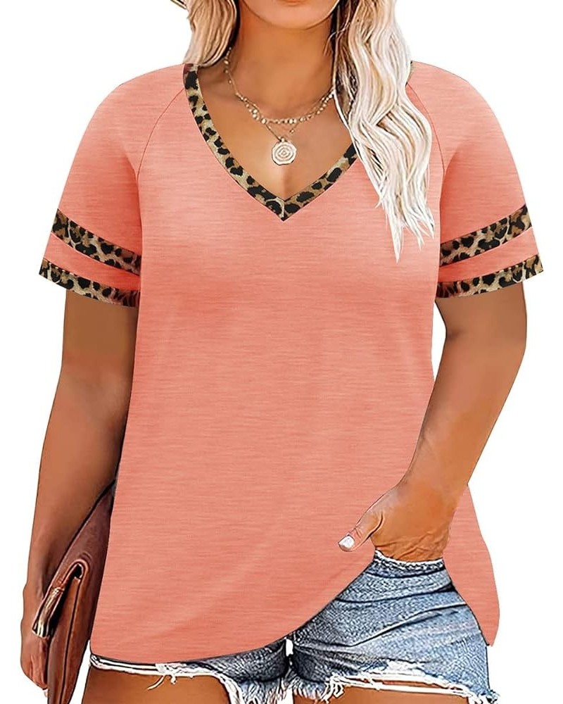 Plus Size Tops for Women Henley V Neck Short Sleeve Tunic Leopard Cheetah Color Block Tees Summer T Shirts A125-peach Pink Le...