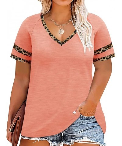 Plus Size Tops for Women Henley V Neck Short Sleeve Tunic Leopard Cheetah Color Block Tees Summer T Shirts A125-peach Pink Le...