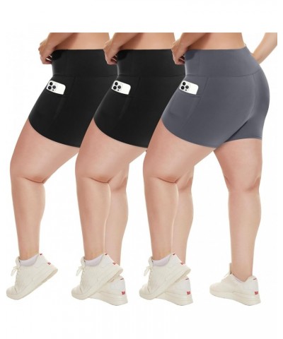 3 Pack Plus Size Biker Shorts with Pockets for Women (S-4XL)- 8"/5" High Waist Tummy Control Shorts for Yoga 5 inch(2 Pockets...