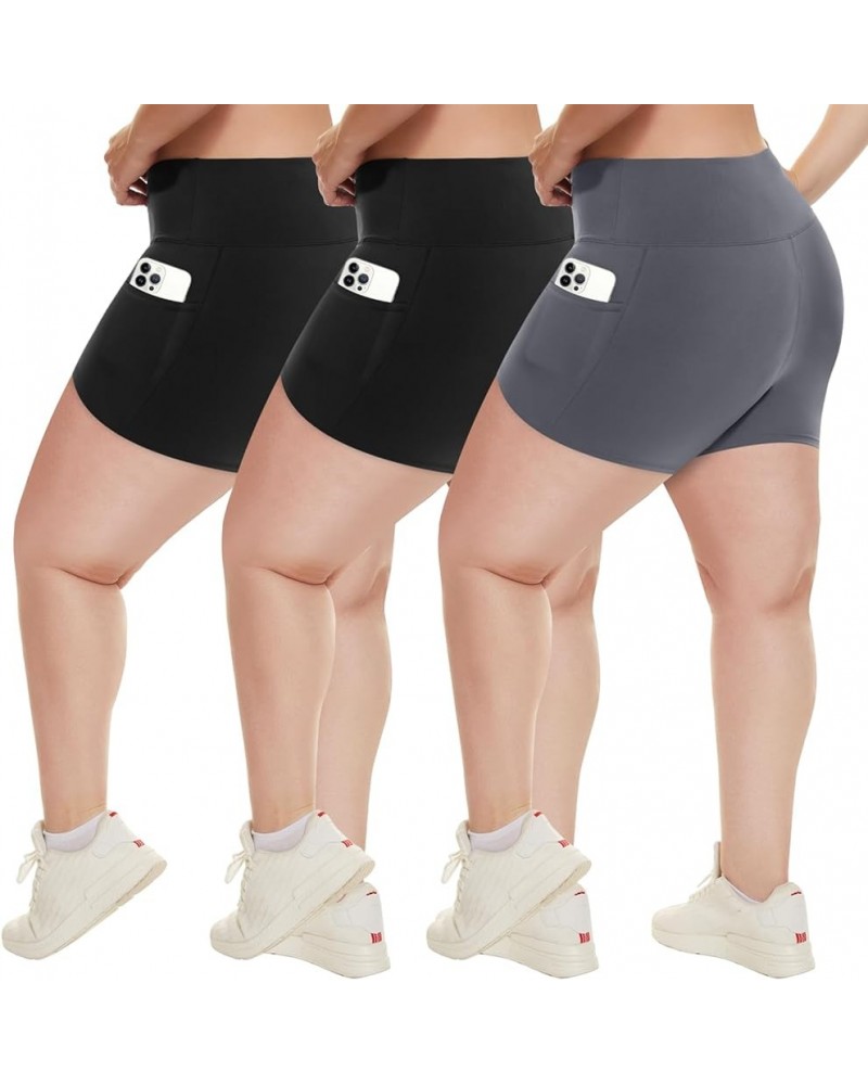 3 Pack Plus Size Biker Shorts with Pockets for Women (S-4XL)- 8"/5" High Waist Tummy Control Shorts for Yoga 5 inch(2 Pockets...