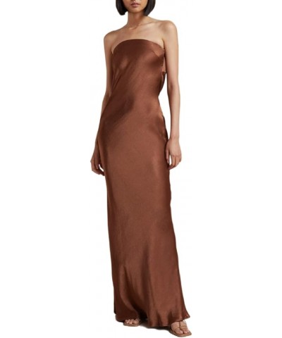 Elegant Satin Silk Slip Maxi Dress for Women Off Shoulder Strapless Tube Top Long Dress Evening Party Formal Dress A-brown $9...