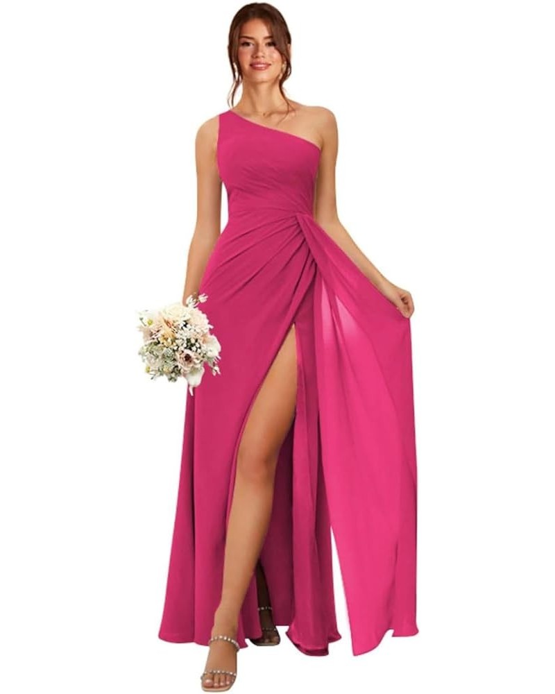 Women's One Shoulder Bridesmaid Dresses with Pockets Long Chiffon Pleated Formal Dresses with Slit Hot Pink $23.10 Dresses