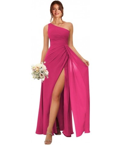 Women's One Shoulder Bridesmaid Dresses with Pockets Long Chiffon Pleated Formal Dresses with Slit Hot Pink $23.10 Dresses