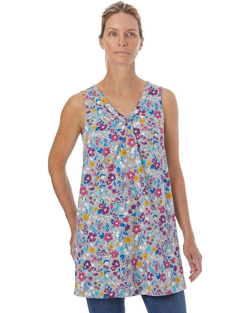 Women's Plus Size Perfect Printed Sleeveless Shirred V-Neck Tunic Heather Grey Field Floral $16.53 Tops