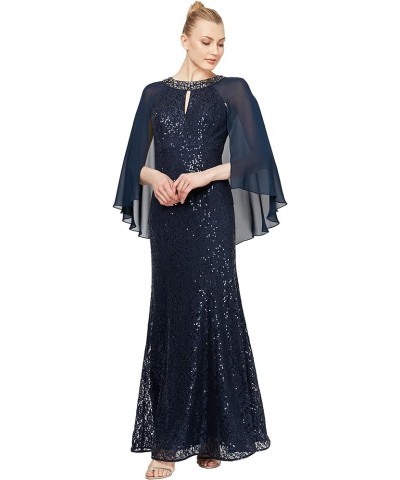 Women's Long Sequin Lace Gown with Capelet Bead Navy $20.27 Dresses