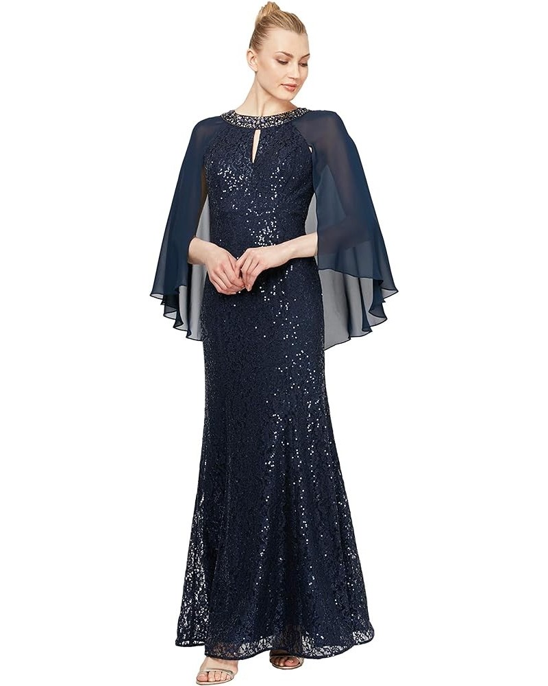 Women's Long Sequin Lace Gown with Capelet Bead Navy $20.27 Dresses