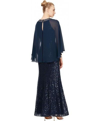 Women's Long Sequin Lace Gown with Capelet Bead Navy $20.27 Dresses