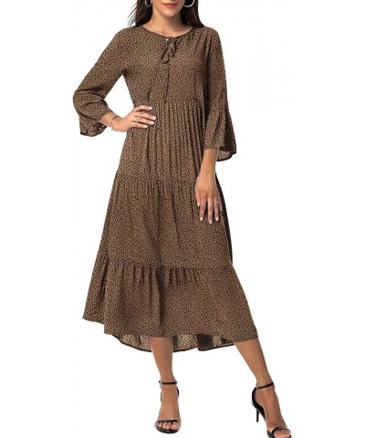 Womens 3/4 Sleeve Casual Bohemian Midi Dress Leopard Coffee $28.04 Dresses