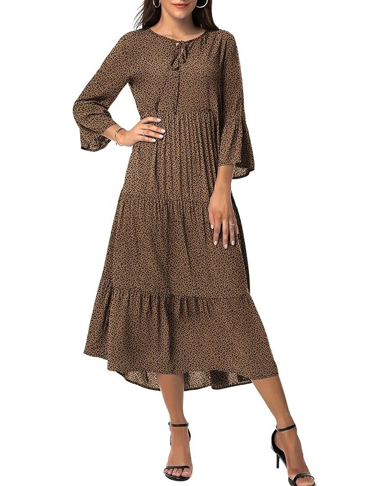 Womens 3/4 Sleeve Casual Bohemian Midi Dress Leopard Coffee $28.04 Dresses