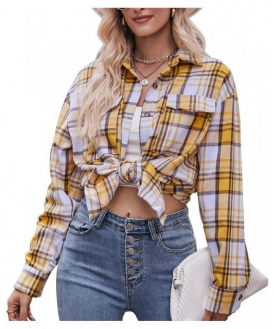 Women's Classic Button Down Flannel Plaid Print Shirts Long Sleeve Oversize Blouse Tops with Pockets Yellow $10.70 Blouses