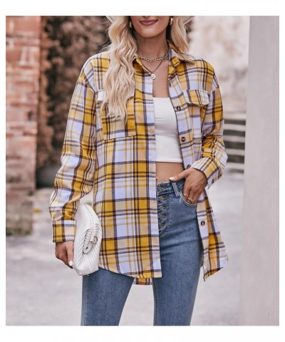 Women's Classic Button Down Flannel Plaid Print Shirts Long Sleeve Oversize Blouse Tops with Pockets Yellow $10.70 Blouses