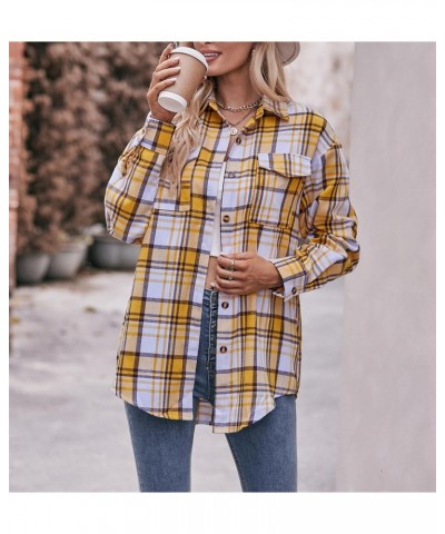 Women's Classic Button Down Flannel Plaid Print Shirts Long Sleeve Oversize Blouse Tops with Pockets Yellow $10.70 Blouses