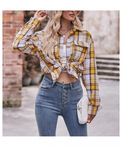 Women's Classic Button Down Flannel Plaid Print Shirts Long Sleeve Oversize Blouse Tops with Pockets Yellow $10.70 Blouses