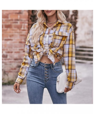 Women's Classic Button Down Flannel Plaid Print Shirts Long Sleeve Oversize Blouse Tops with Pockets Yellow $10.70 Blouses