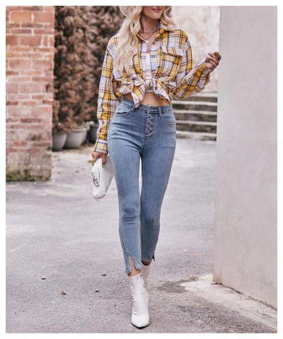 Women's Classic Button Down Flannel Plaid Print Shirts Long Sleeve Oversize Blouse Tops with Pockets Yellow $10.70 Blouses